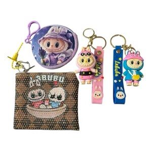 Labubu Kids Doll Keychain and Coin pouch Set - Pink, Blue, and Brown